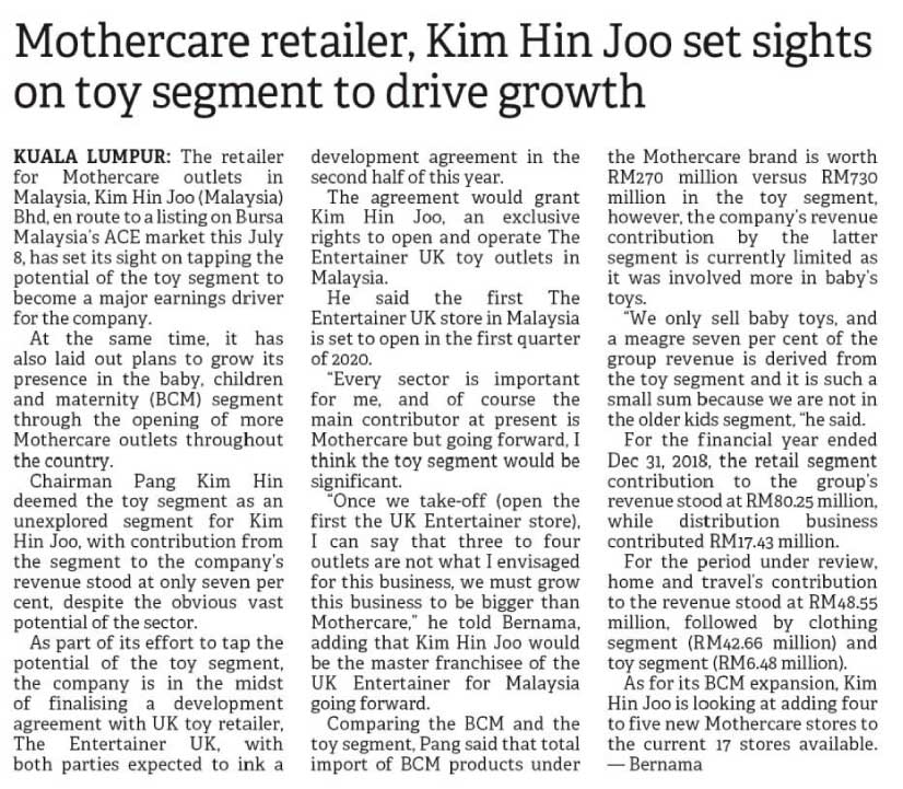 [The Borneo Post] Mothercare Retailer, Kim Hin Joo Set Sights on Toy Segment to Drive Growth