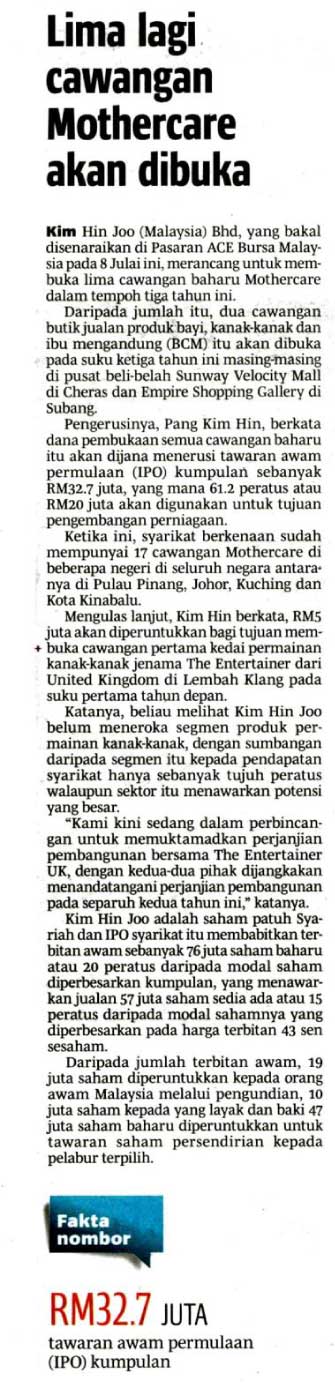 [Berita Harian] Lima lagi cawangan Mothercare akan dibuka
